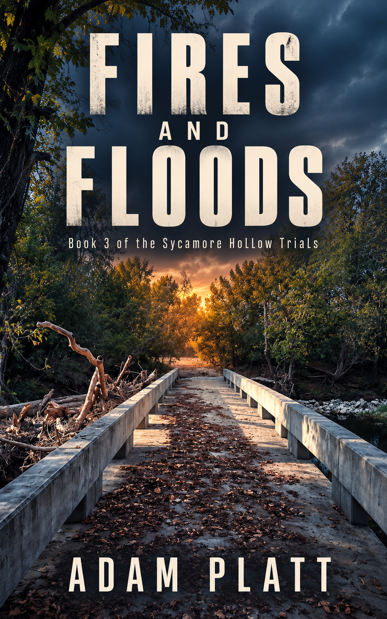 The Broken Crossing artwork: a leaf-strewn bridge leading toward golden light beneath storm clouds