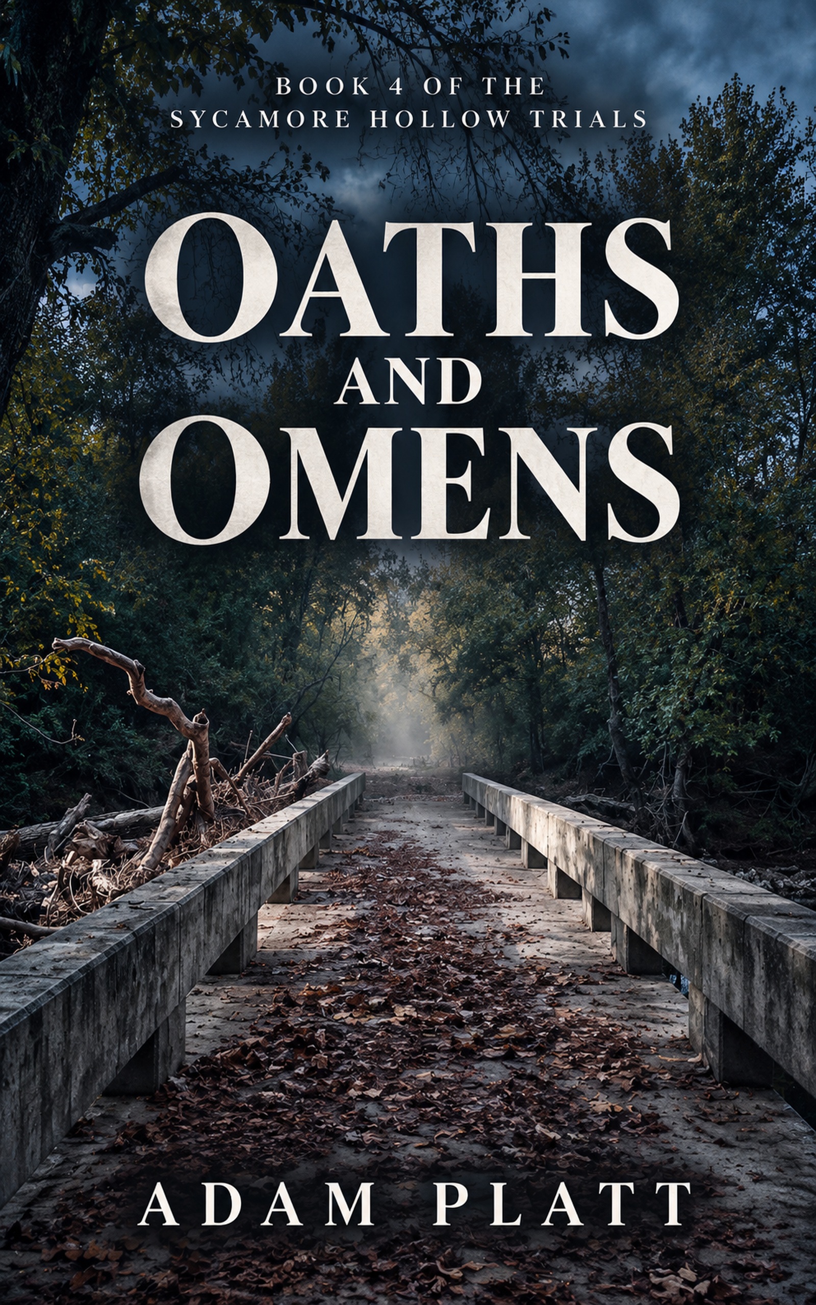 Oaths and Omens by Adam Platt, Book 4 of the Sycamore Hollow Trials. A leaf-strewn bridge leads into a shadowed forest.